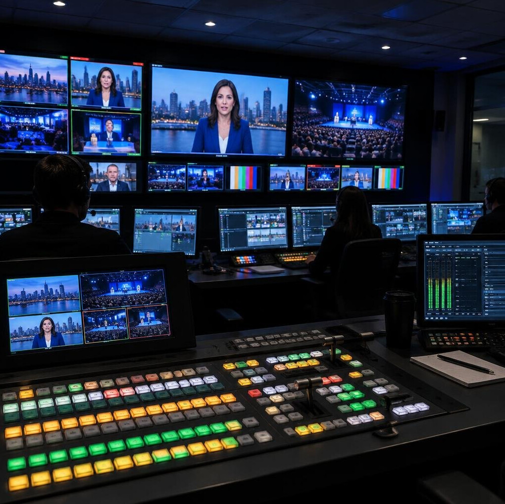 Control room with multiple monitors during a live broadcast