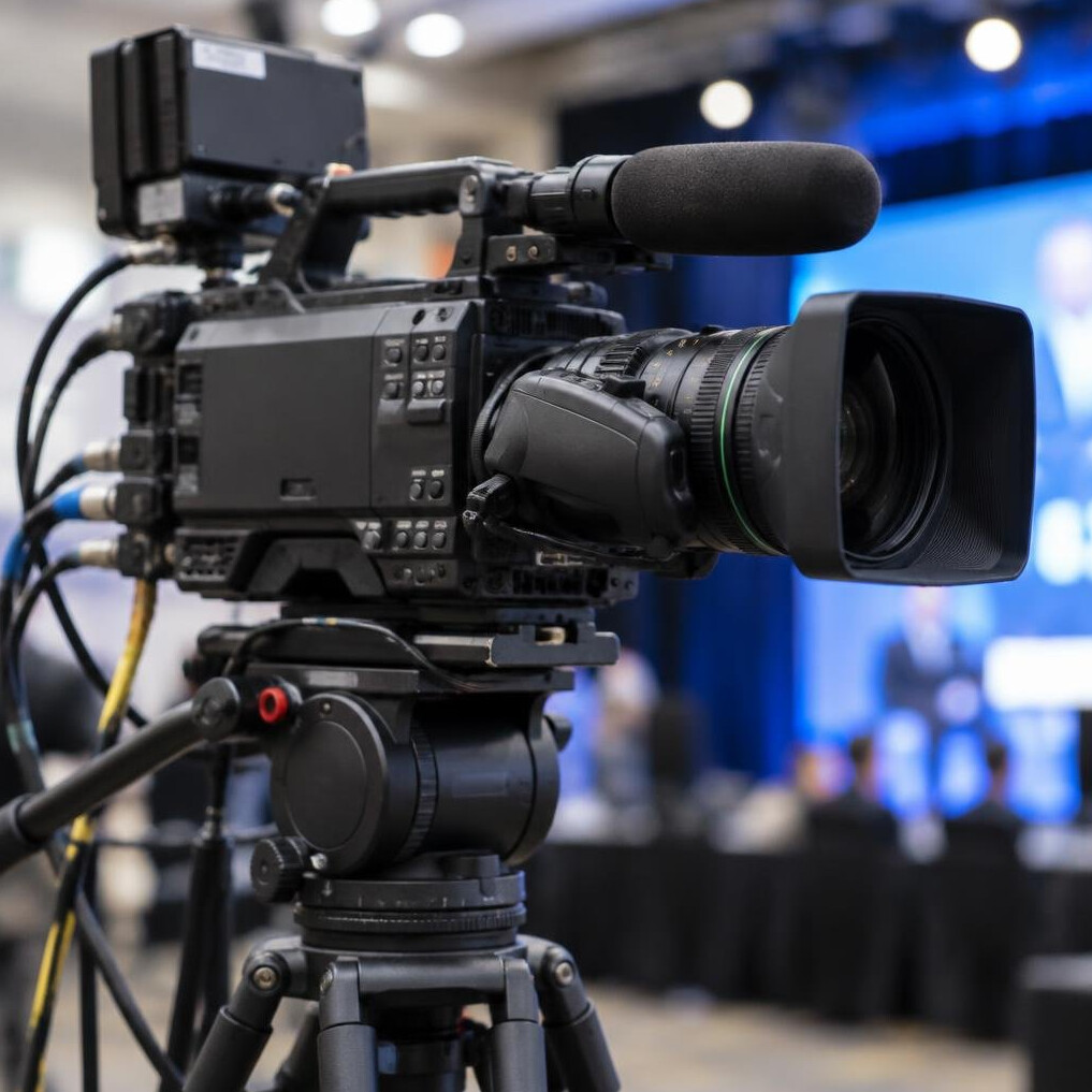 Close-up of a broadcast camera on a tripod at an event