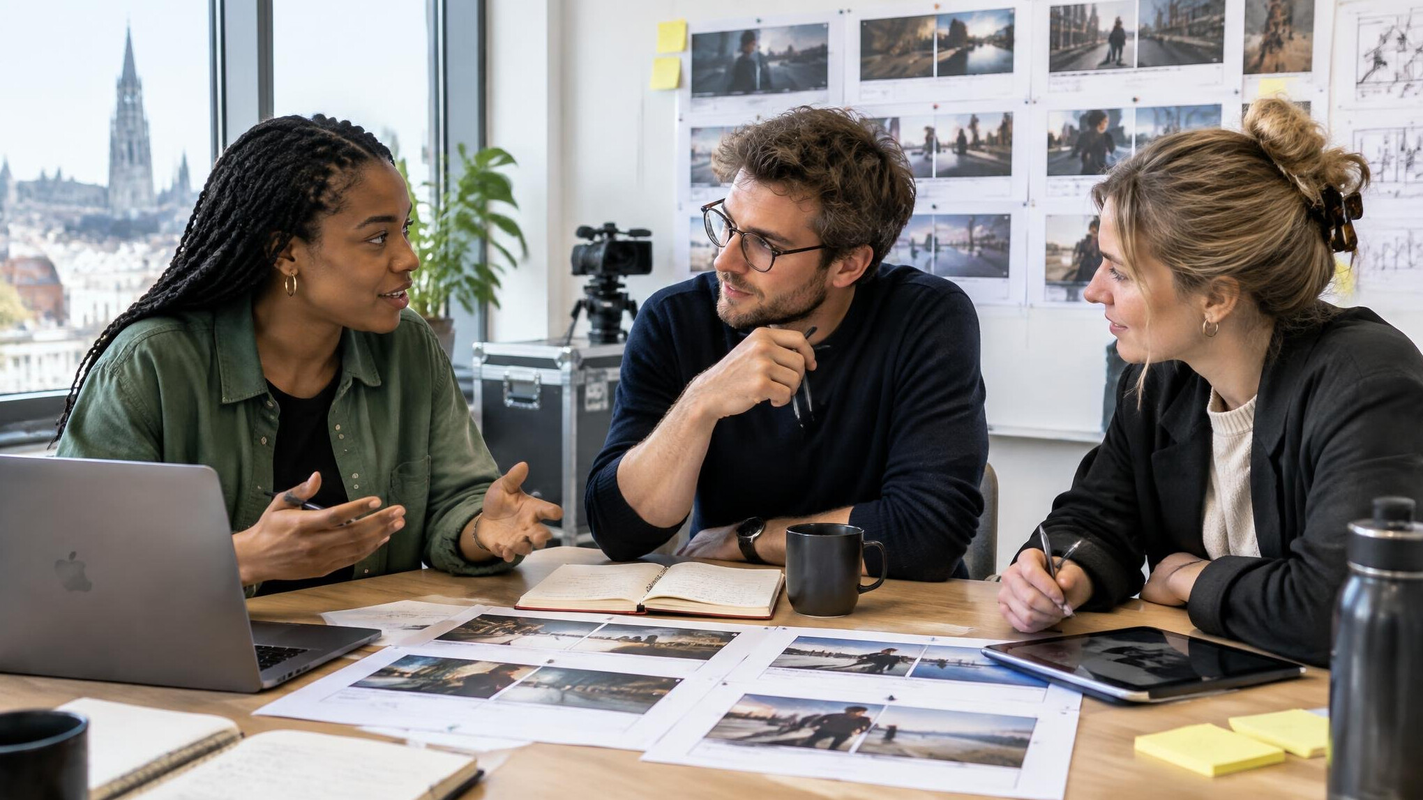 Production team discussing in a bright office