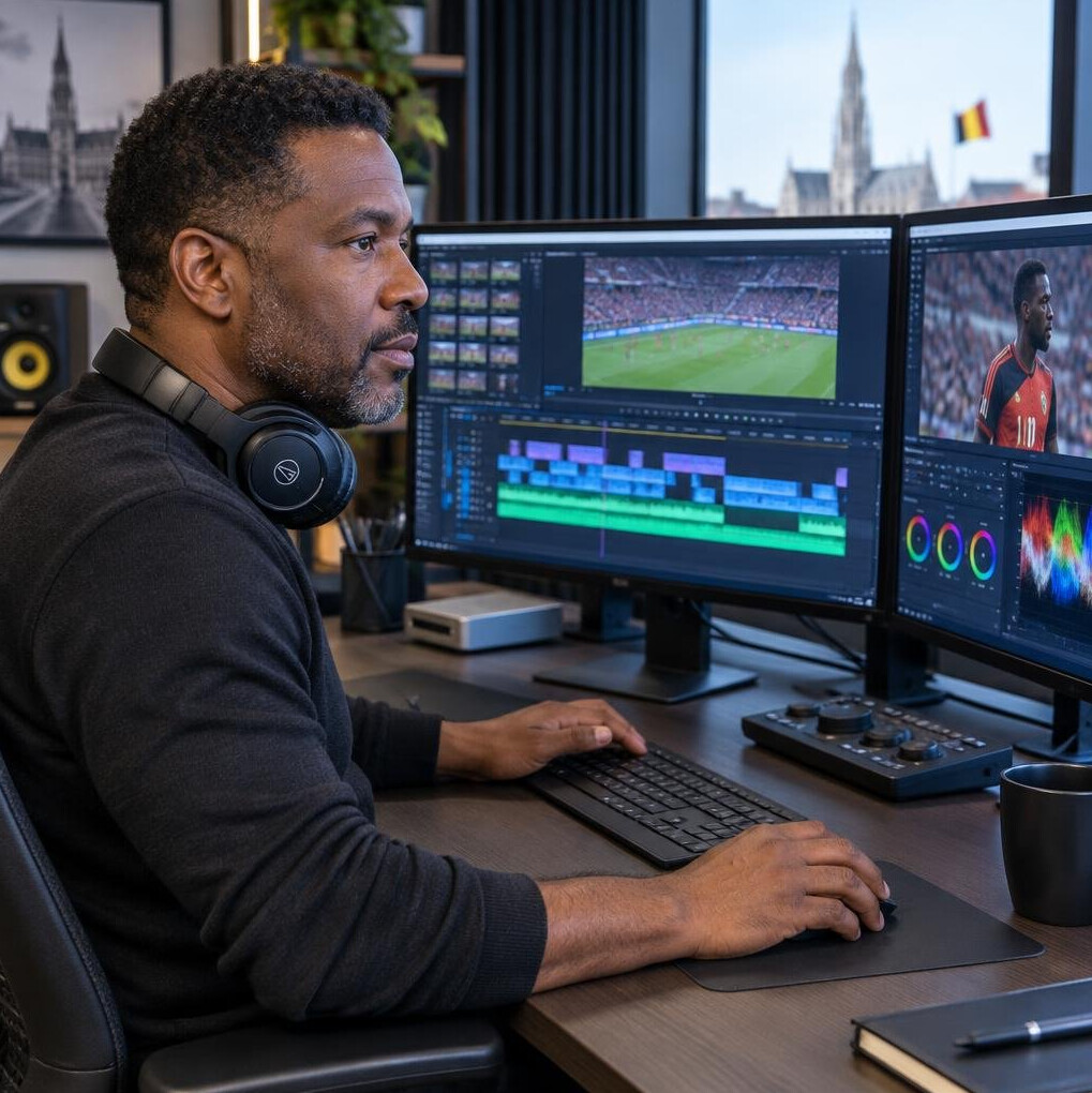 Video editor reviewing footage on a workstation