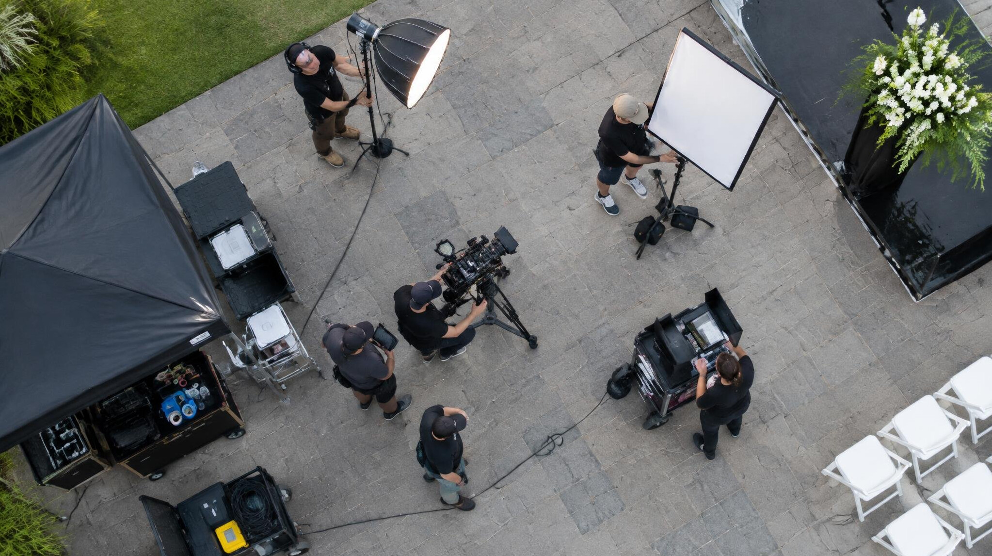 Overhead view of a production crew working at an event