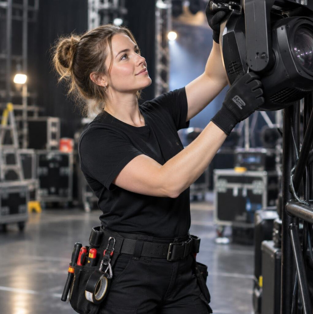 Lighting technician adjusting a stage light