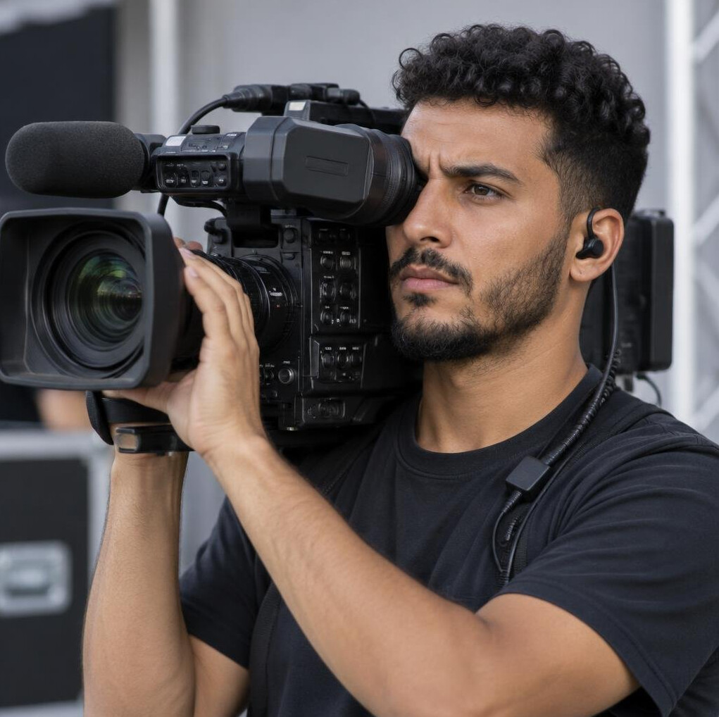 Camera operator filming a live event with a professional camera