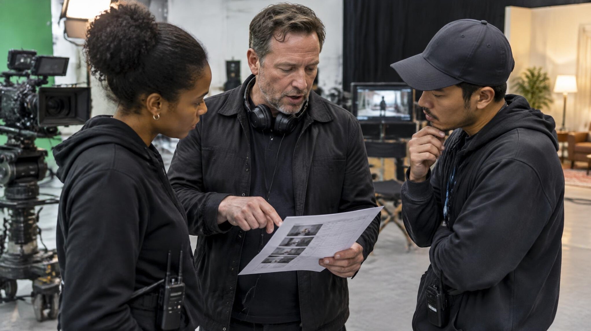 Director reviewing a shot list with the crew