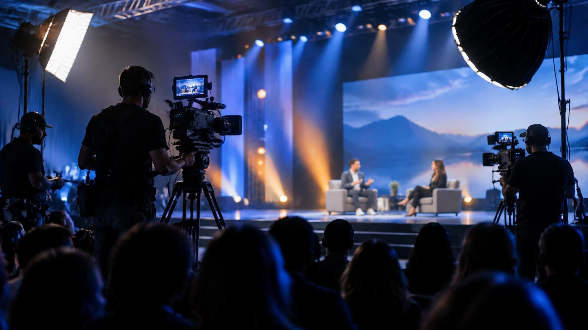 Production crew filming a live event on stage