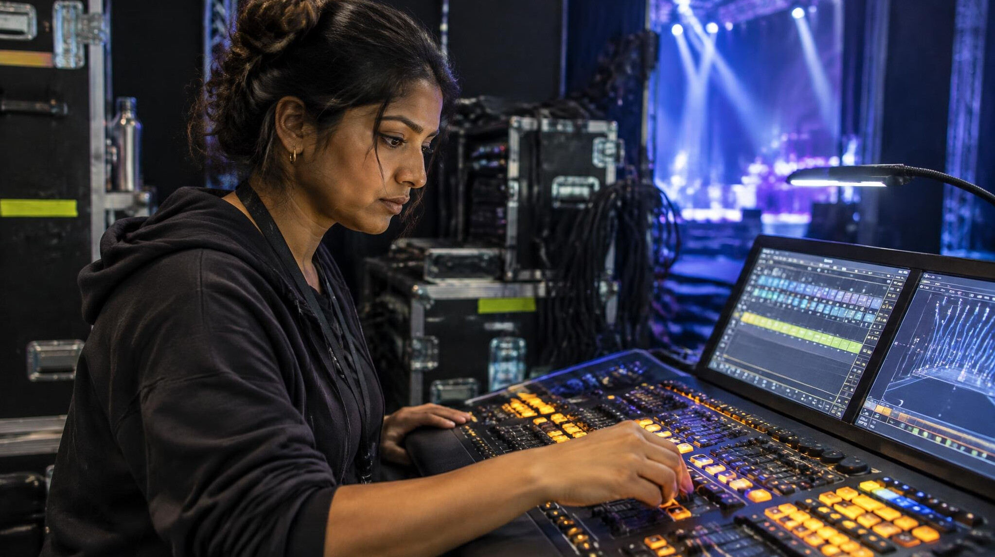 Lighting technician adjusting a lighting control board