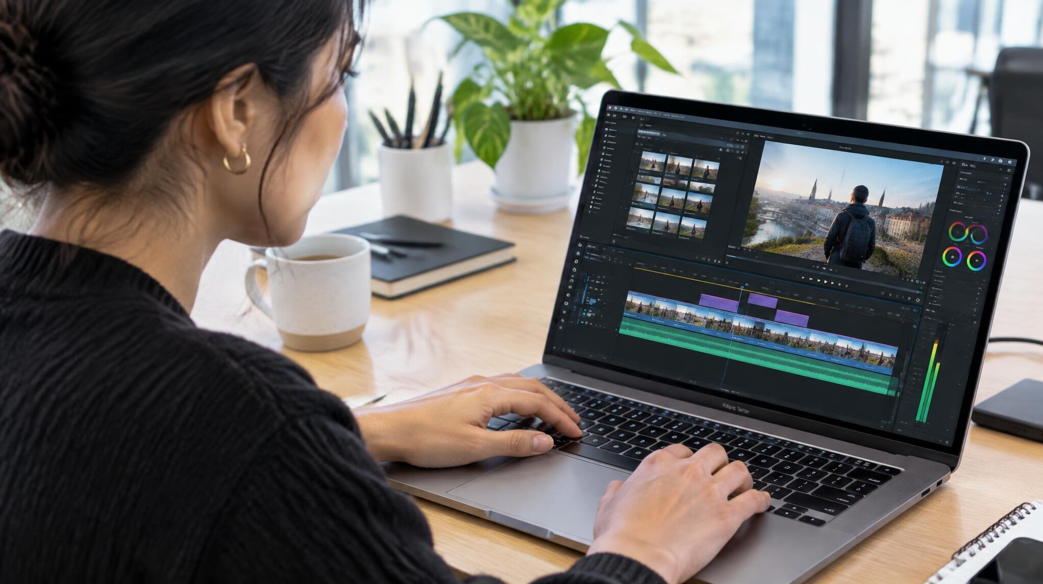 Editor reviewing a video timeline on a laptop
