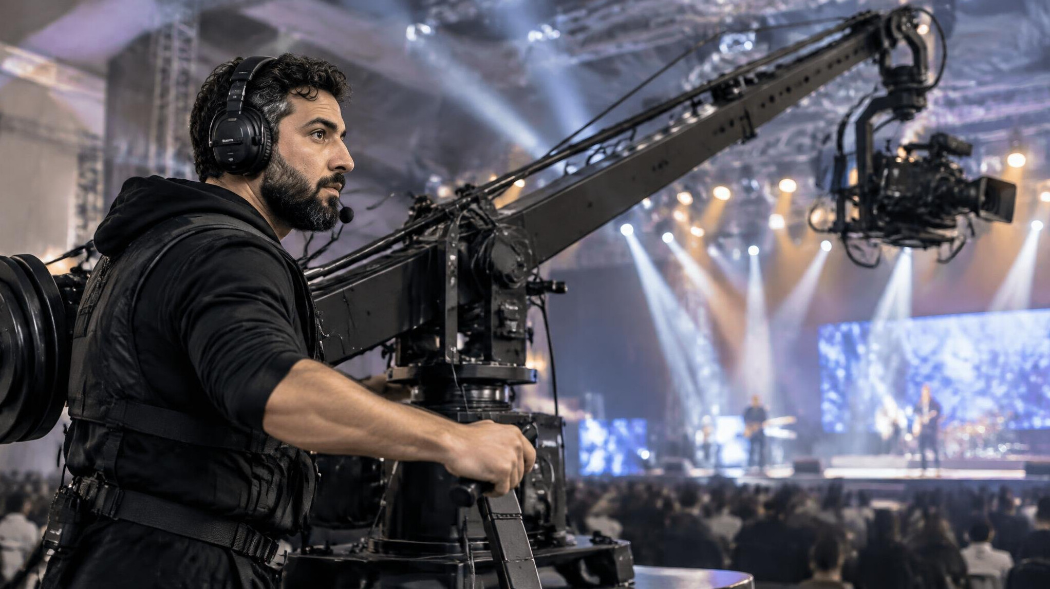 Camera operator using a jib crane at an event