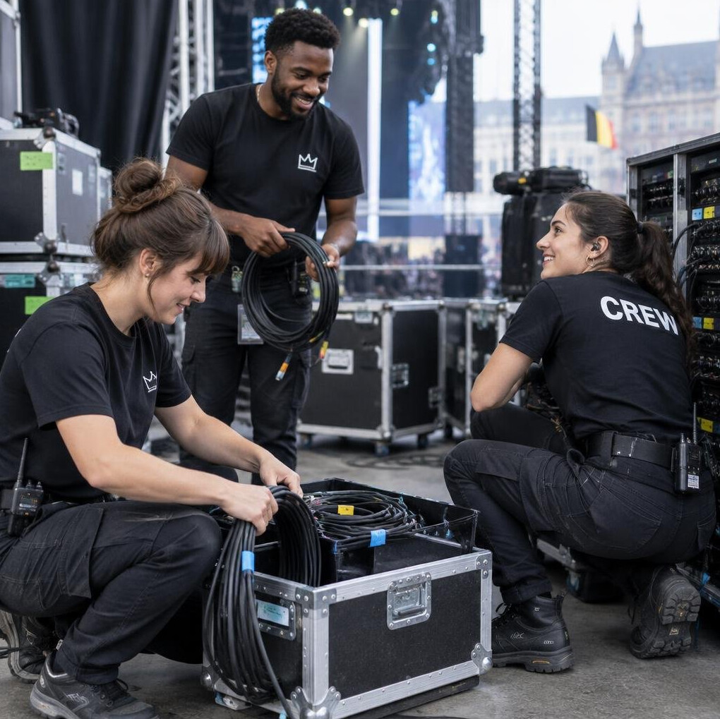 Production crew setting up equipment backstage