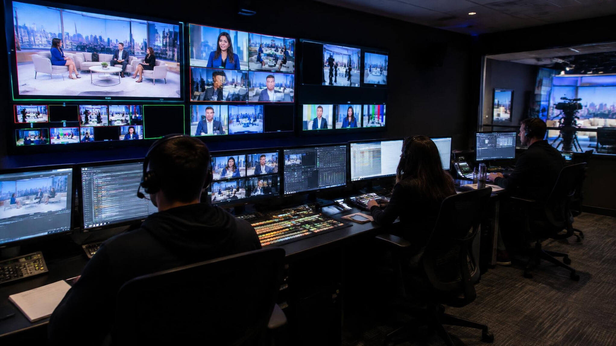 Wide view of a television studio control room
